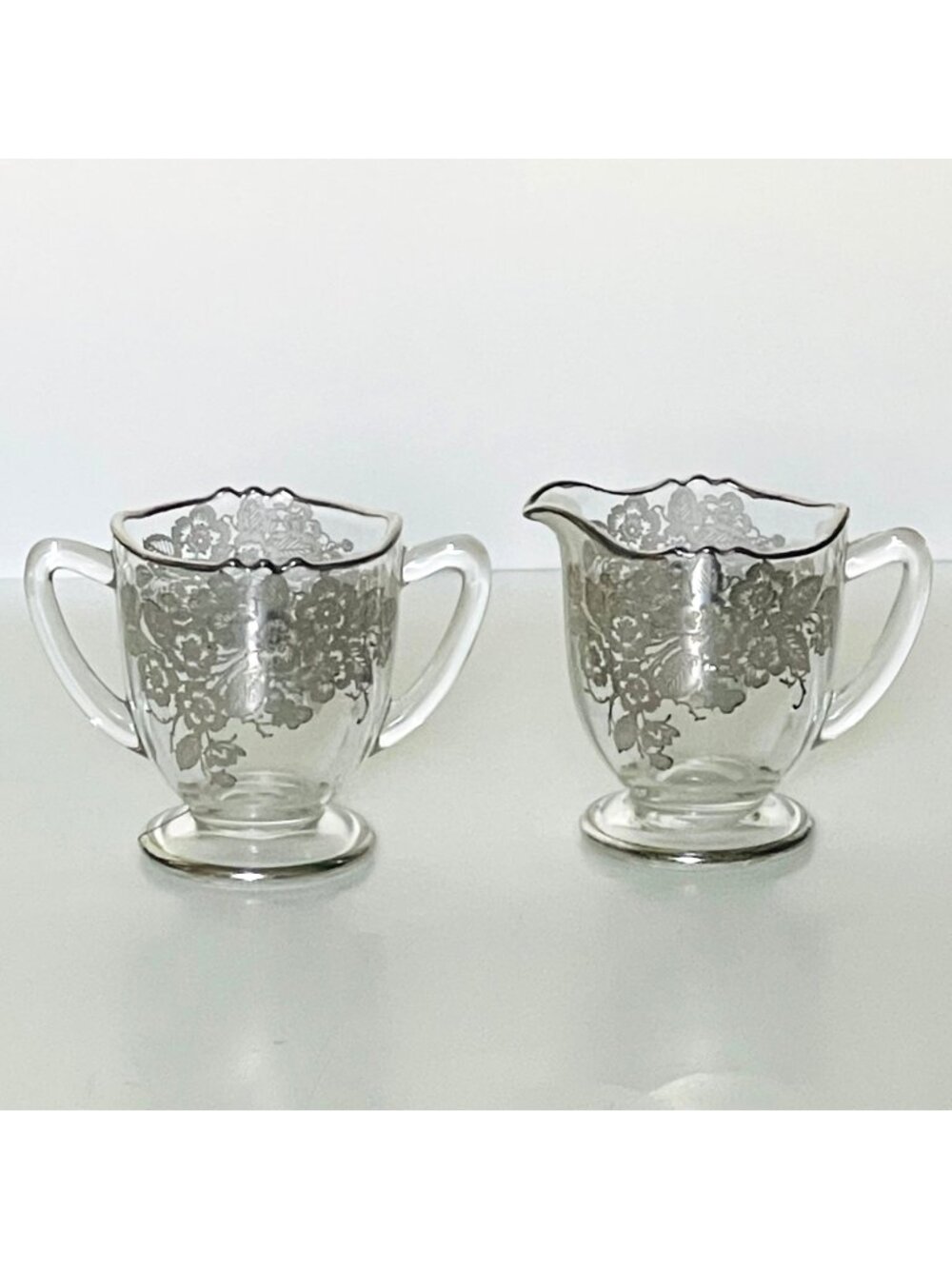 Vintage New Martinsville Blossom Time Glass Creamer and Sugar Silver City #36